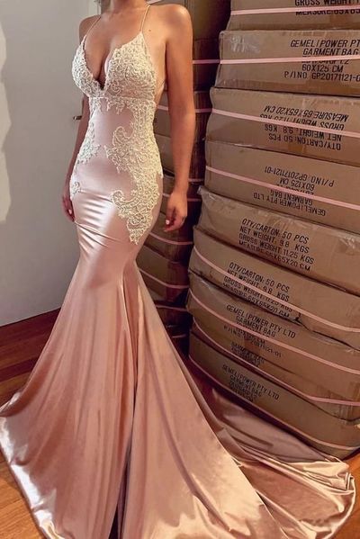 Elegant Blush Spaghetti-Strap Lace Satin Mermaid Formal Gown