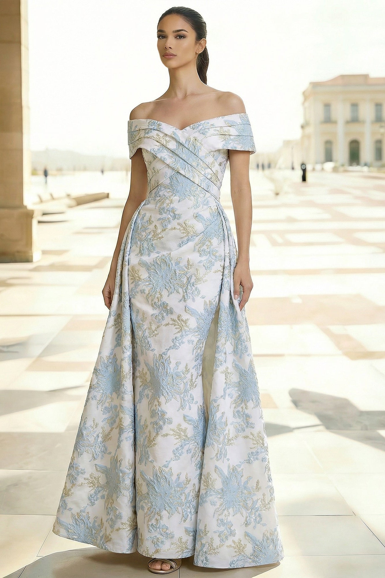 Off-Shoulder Sleeveless Floor-Length Jacquard Satin Mermaid Evening Dress