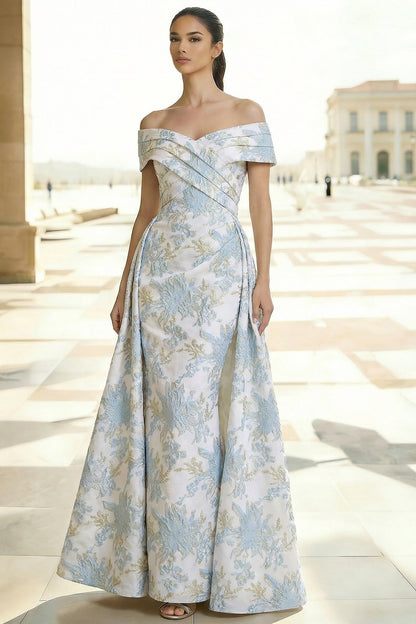 Off-Shoulder Sleeveless Floor-Length Jacquard Satin Mermaid Evening Dress