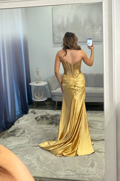 Mermaid Strapless Gold Satin Beaded Long Prom Dress