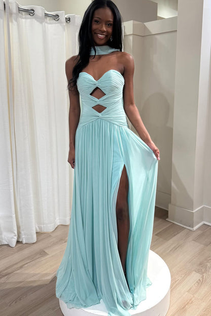 Charming A Line Sweetheart Keyhole Chiffon Prom Dress with Slit
