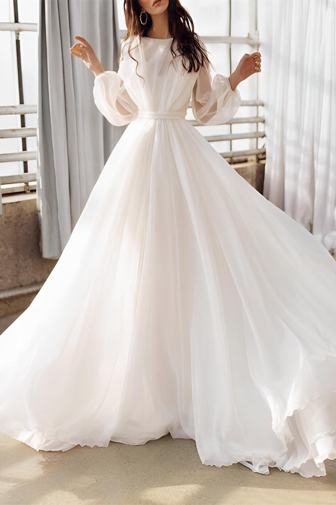 Long-Sleeves Tulle Pleated Sheer A-Line Wedding Dress with Train