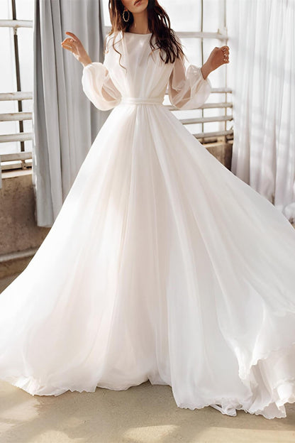 Long-Sleeves Tulle Pleated Sheer A-Line Wedding Dress with Train