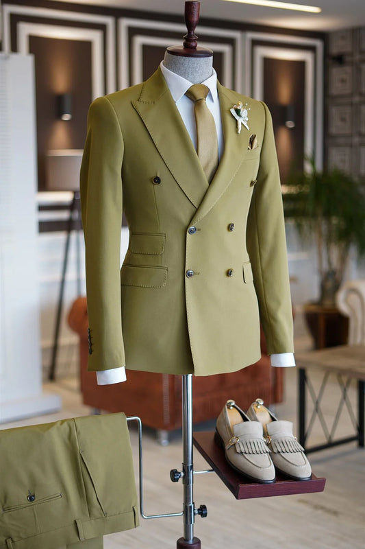 Green Suits Peaked Lapel With Double Breasted Gentle For Men