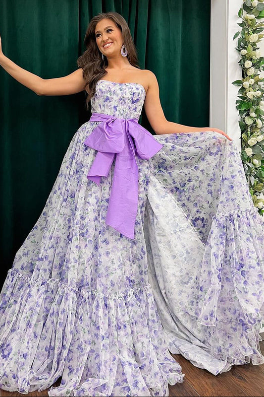 Chic Floral Printed Chiffon Strapless Long Prom Dresses with Slit