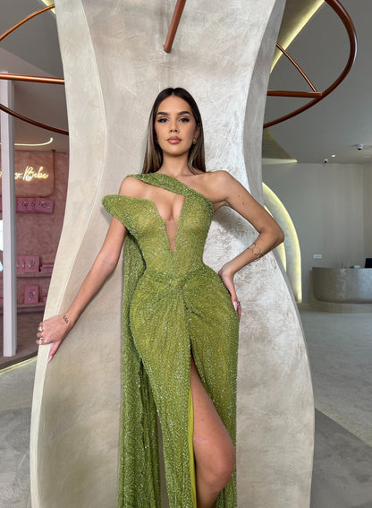 Green Asymmetrical Neck Sleeveless Ruched Sheath Prom Dress