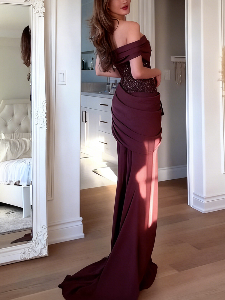 Tube Top Sleeveless Mermaid Formal Gowns Sleeveless Beaded Satin Pleated Evening Dress