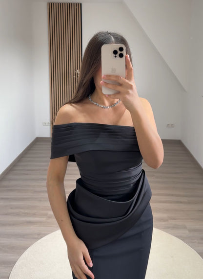 Off-Shoulder Pearls Satin Evening Dress