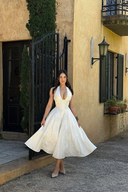 Simple A Line V Neck White Tea Length Party Dress with Corset