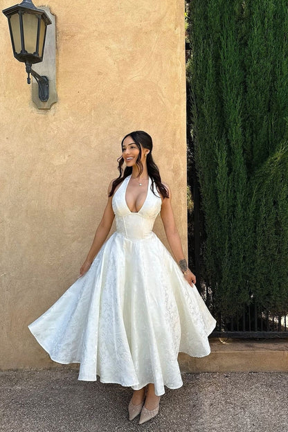 Simple A Line V Neck White Tea Length Party Dress with Corset