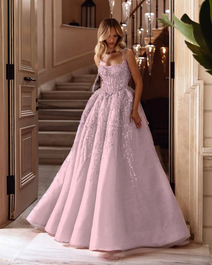 Spaghetti Strap Sleeveless Long A Line Prom Dress With Beading