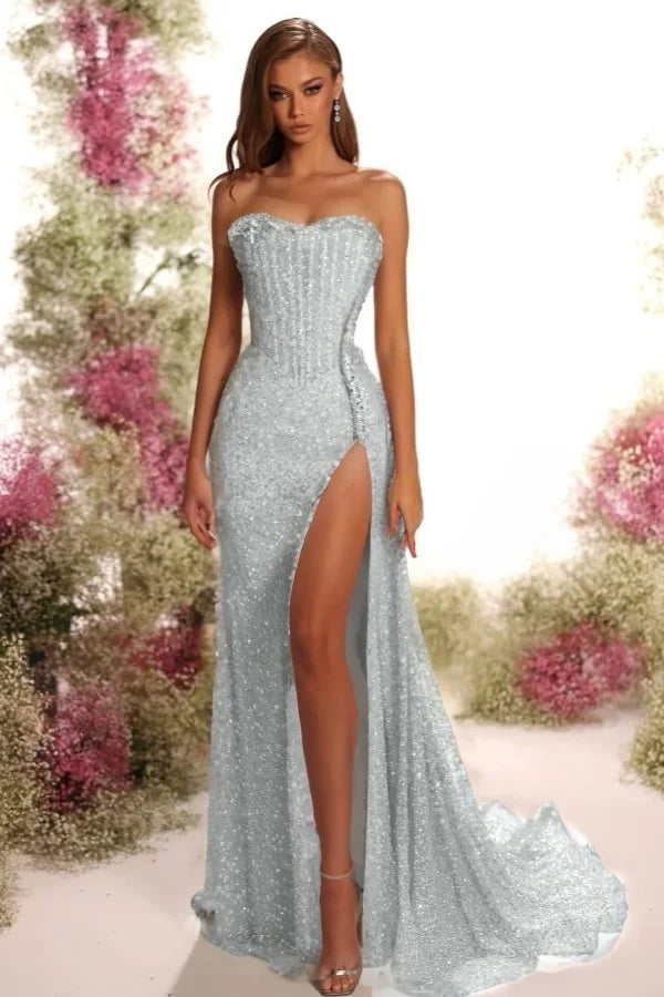 Light Blue Sequins Strapless Split Prom Dress