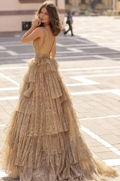 Champagne V-Neck Tulle Stunning Prom Dress ZT0664