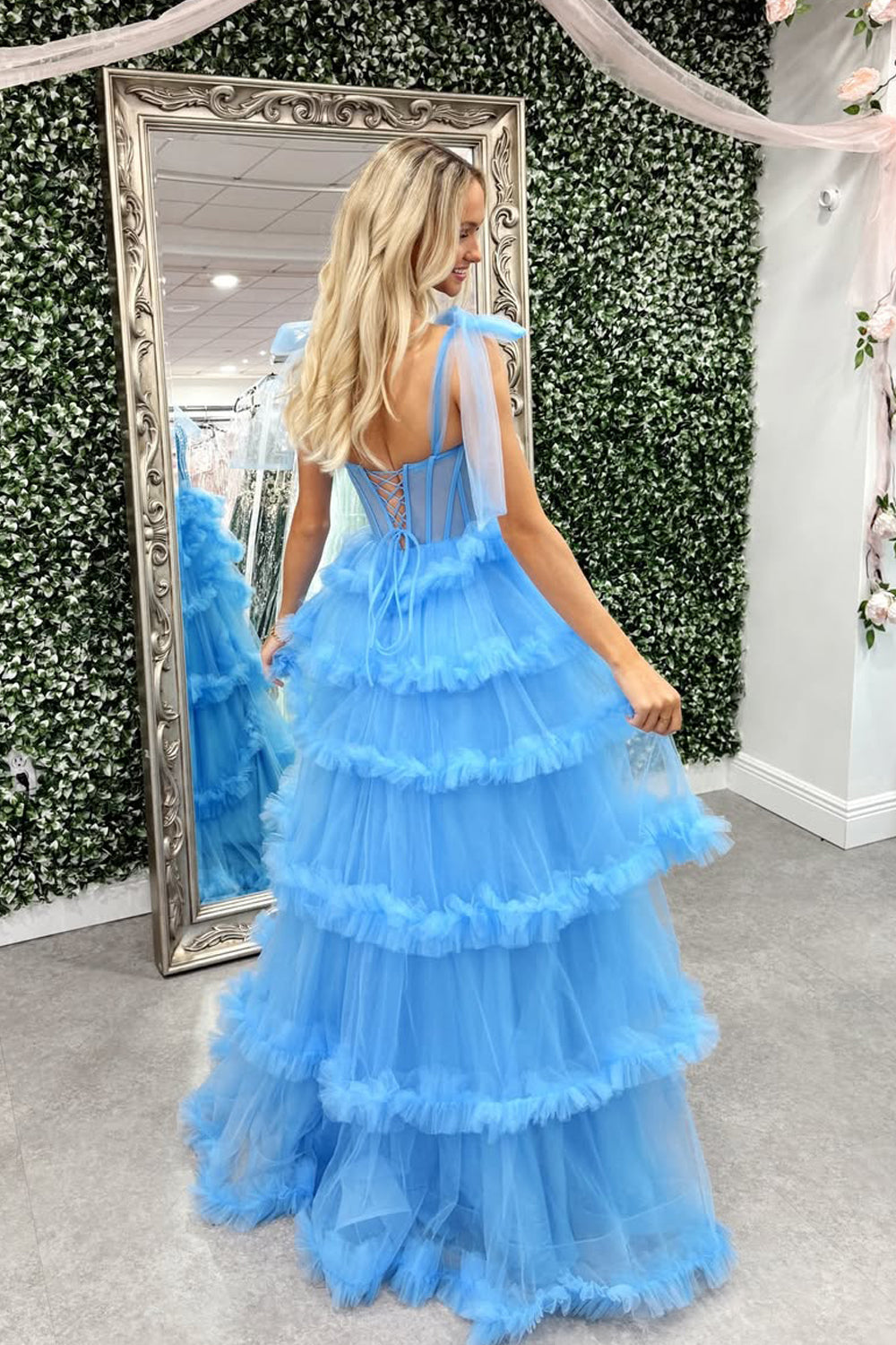 Cute A Line Scoop Neck Blue Tiered Tulle Long Prom Dress