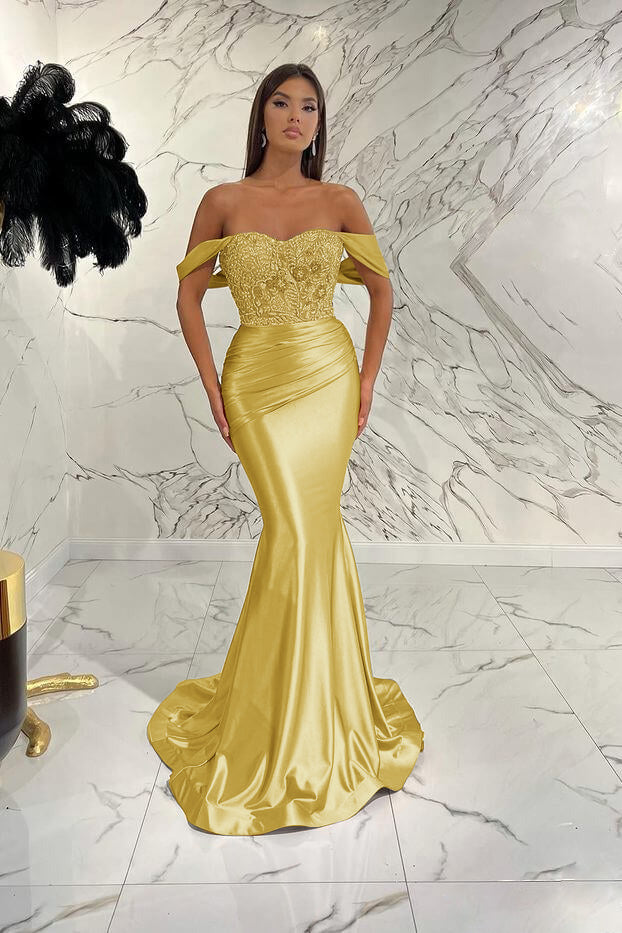 Gorgeous Off the Shoulder Prom Dress Mermaid Sequined Evening Formal Dress With Beading Pleated
