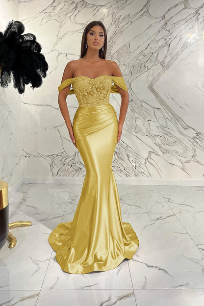 Gorgeous Off the Shoulder Prom Dress Mermaid Sequined Evening Formal Dress With Beading Pleated