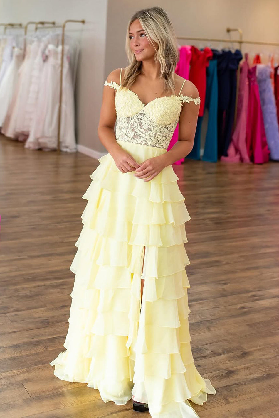 A-Line Cold Shoulder Yellow Ruffle Tiered Long Prom Dress