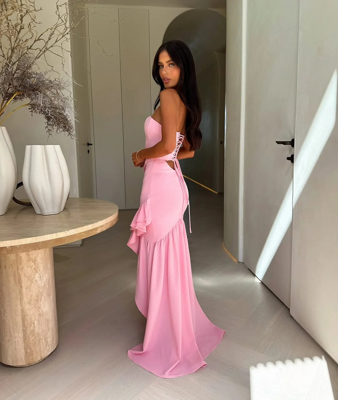 Lovely Candy Pink Lace-up Ruffles Split Prom Dress