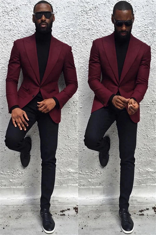 Elegant Fashion Party Classic Prom Suit For Guys Burgundy With Peaked Lapel Party