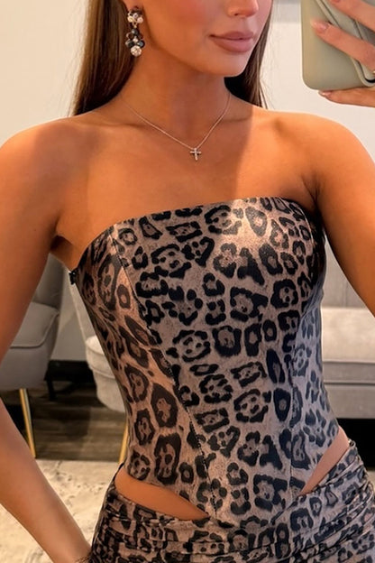 Mermaid Strapless Cut Out Brown Leopard Long Prom Dress