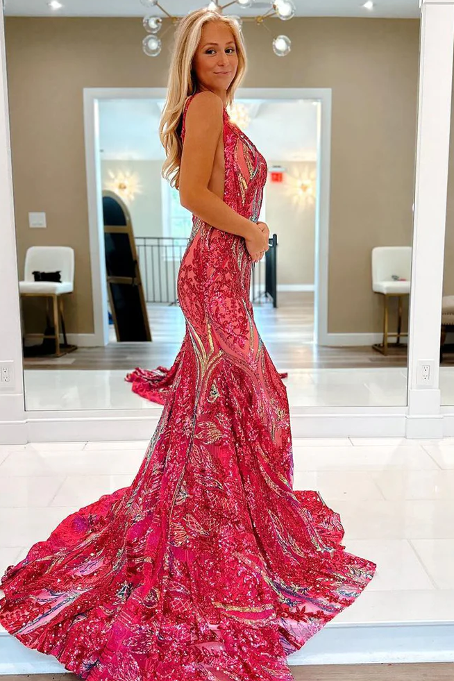 Stunning Mermaid Sleeveless V-Neck Sequins Appliques Long Prom Dress