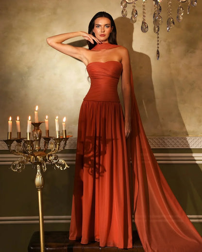 Burnt Orange Chiffon Strapless Prom Dress ZT0659