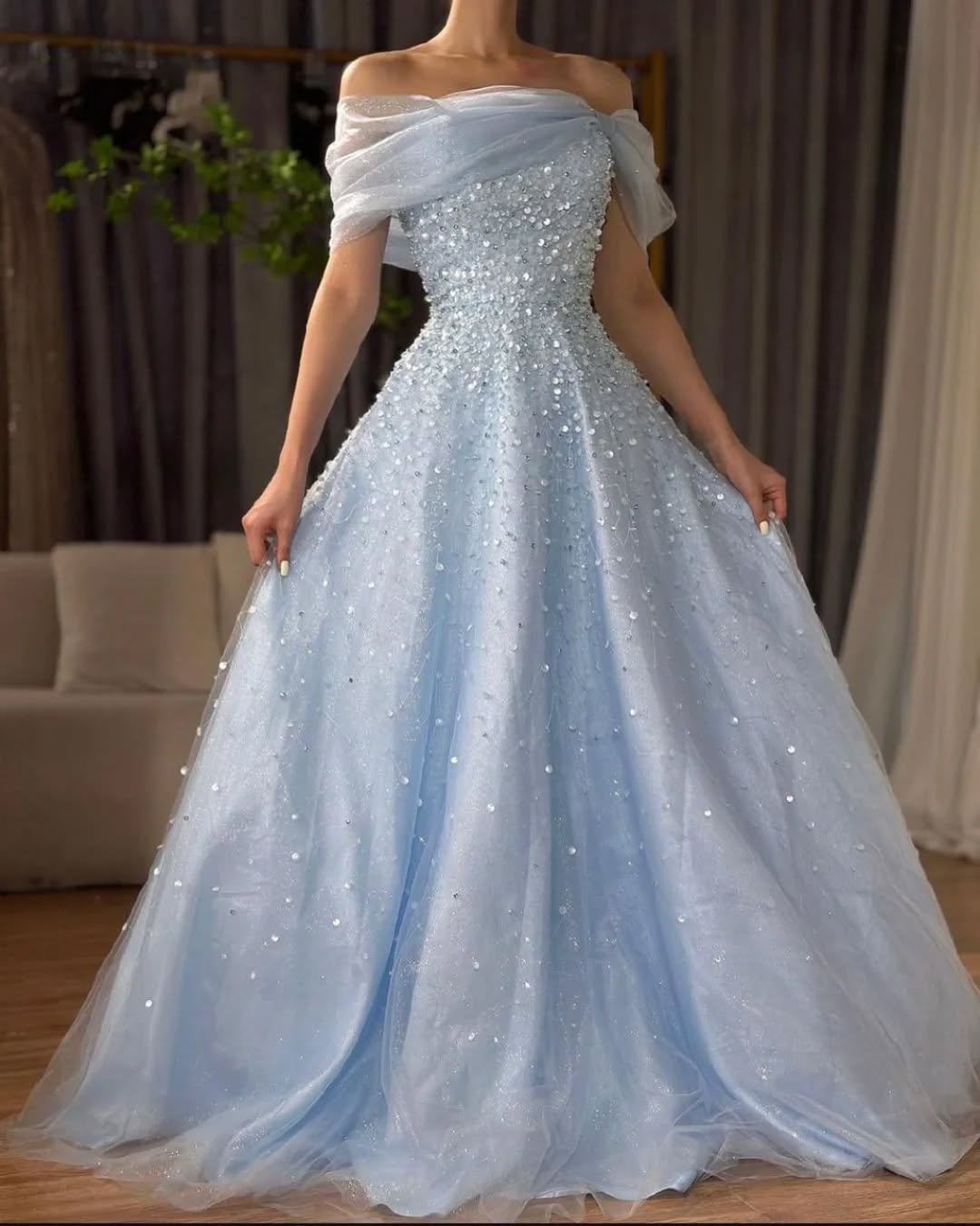 Sky Blue Off-The-Shoulder Sequins A-Line Prom Dress