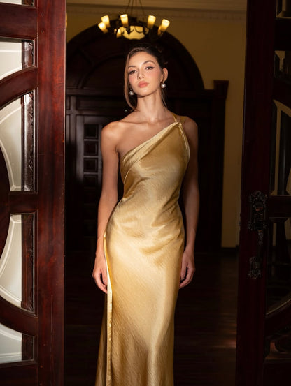 Classic Champagne One Shoulder Prom Dress Sleeveless with Flower