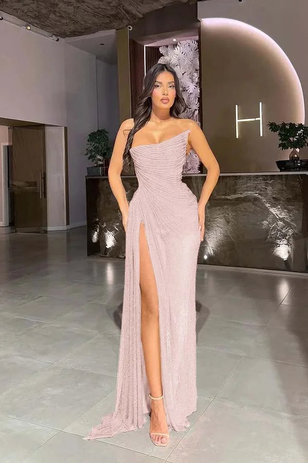 Red Strapless Gorgeous Split Sequins Prom Dress