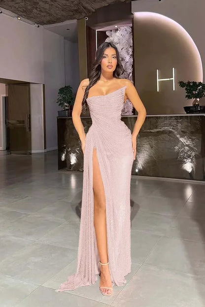 Red Strapless Gorgeous Split Sequins Prom Dress