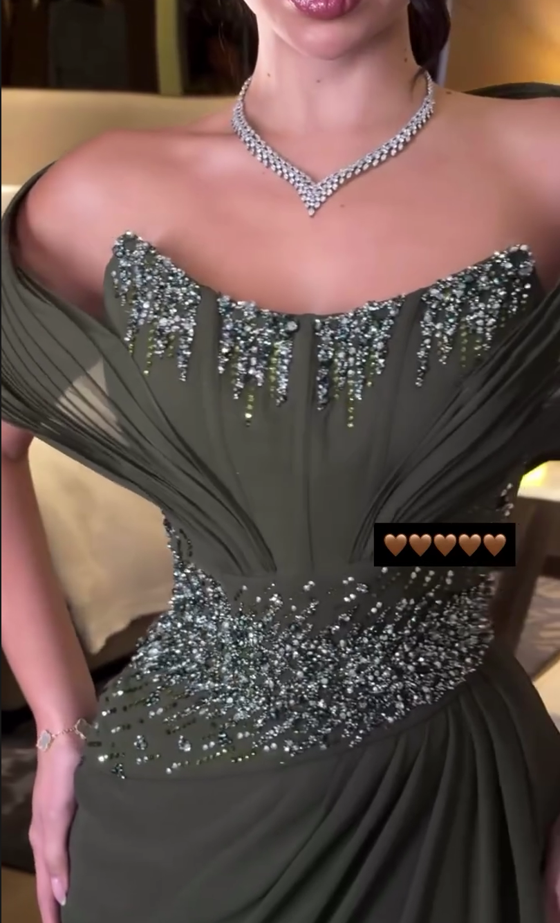 Green Off Shoulder Beaded Ruched Sheath Formal Evening Gown