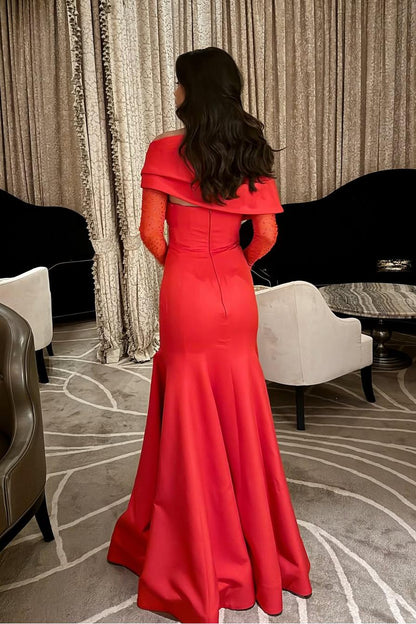 Off-Shoulder Long Mermaid Prom Dress With Gloves Pleated