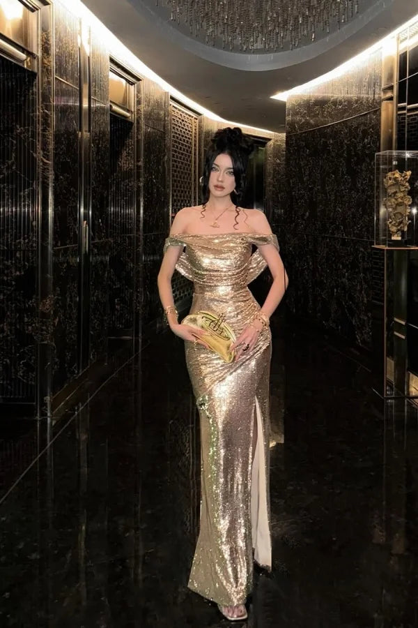 Champagne Solid Sequins Split Prom Dress