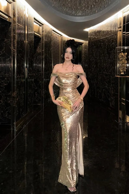 Champagne Solid Sequins Split Prom Dress