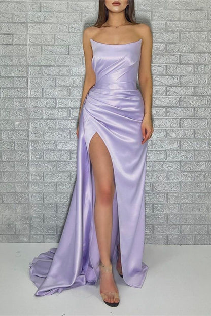 Chic Purple Sleeveless Strapless Mermaid Pleated Long Prom Dress With Split