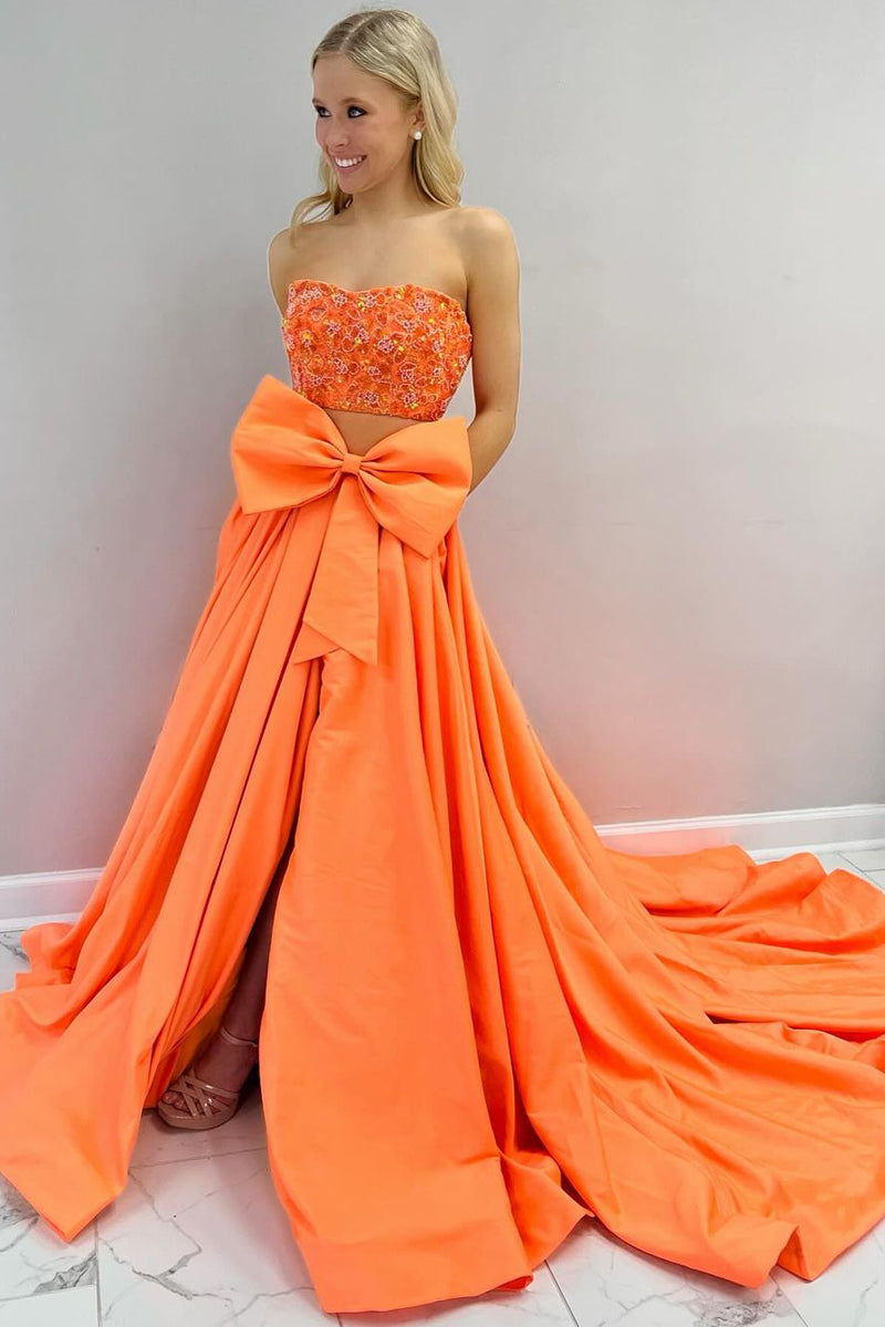 Two Piece Strapless Yellow Satin Long Prom Dress