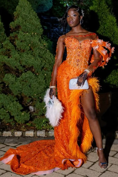 Mermaid Orange Sequins Slit For Black Girls Prom Dress