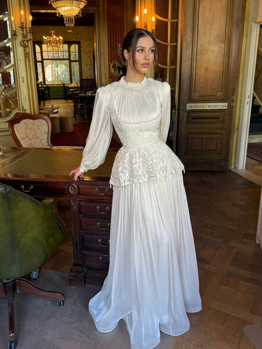 Ivory High Neck Long Sleeves Beaded Evening Gown Vintage Dress