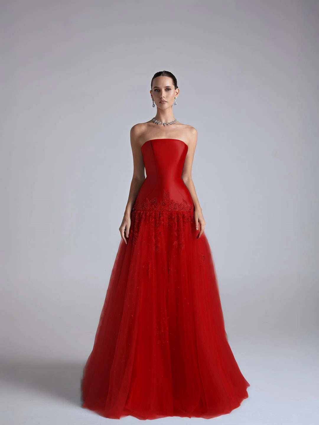 Strapless Sleeveless Long Pleated A-Line Prom Dress With Flower Appliqués