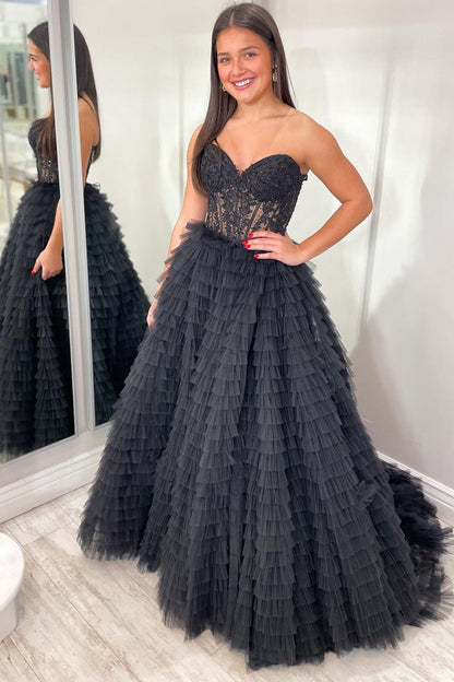 Strapless Black Ruffle Tiered Tulle Long Prom Dress