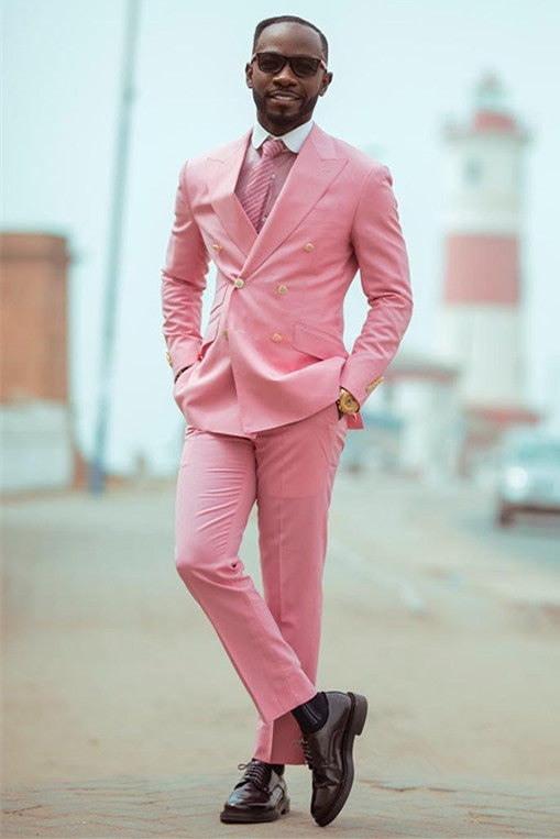 Peaked Lapel Western Suits Pink Double Breated For Wedding