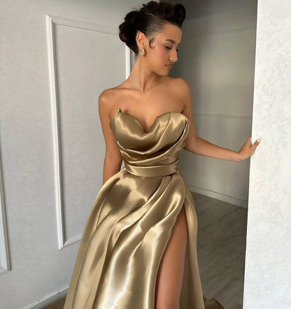 Chic Strapless Split Pleated Prom Dress