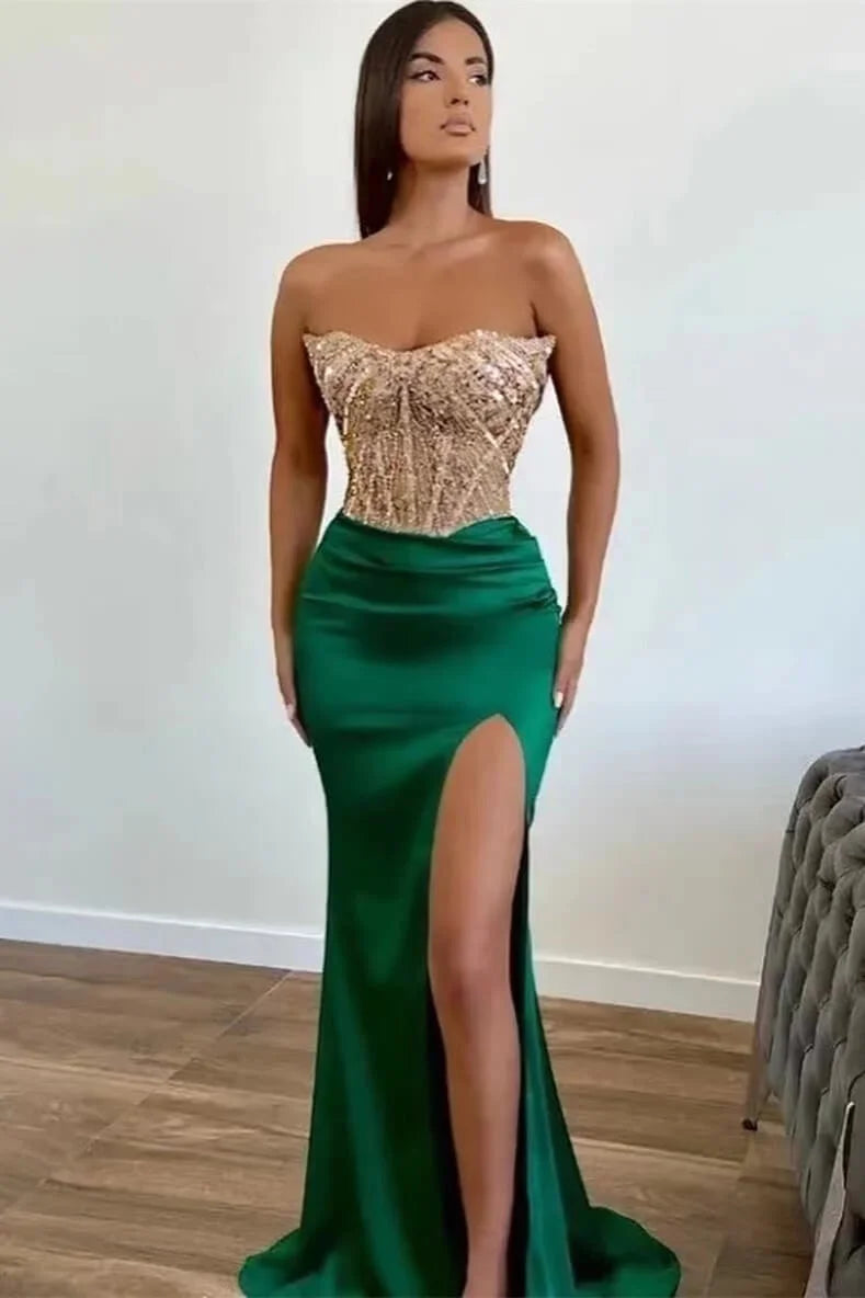 Strapless Green Beadings Mermaid Prom Dress Split with Applique
