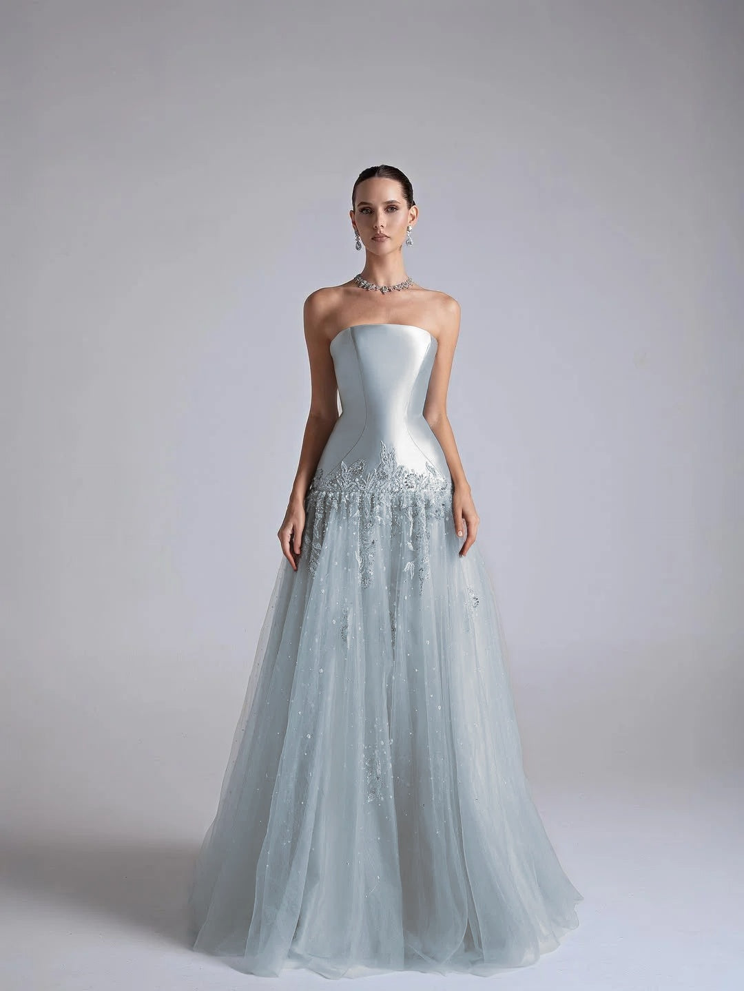 Strapless Sleeveless Long Pleated A-Line Prom Dress With Flower Appliqués