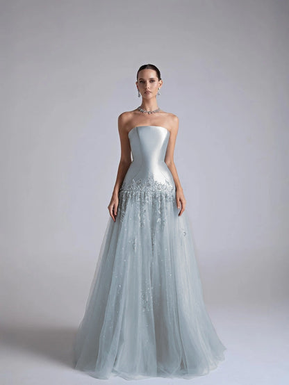 Strapless Sleeveless Long Pleated A-Line Prom Dress With Flower Appliqués