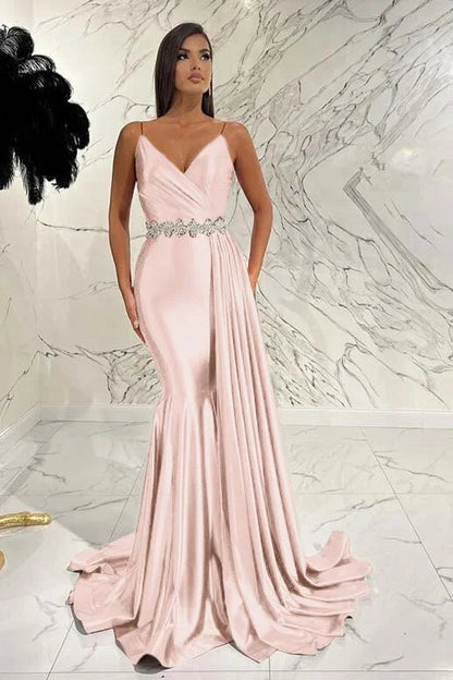 Elegant Red Spaghetti-Straps Deep V-Neck Mermaid Evening Dress With Belt Ruffles ED0472