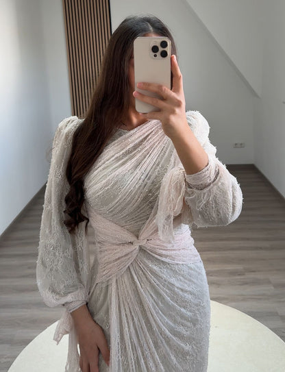 Long Sleves V-Neck Ruched Evening Dress