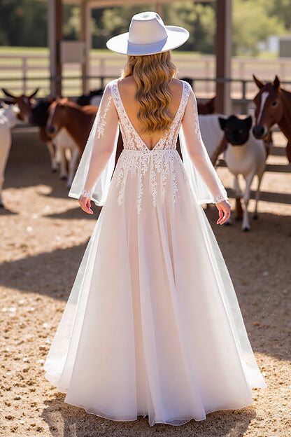 V-Neck Long Sleeves Tulle A-Line Bridal Dress With Appliques