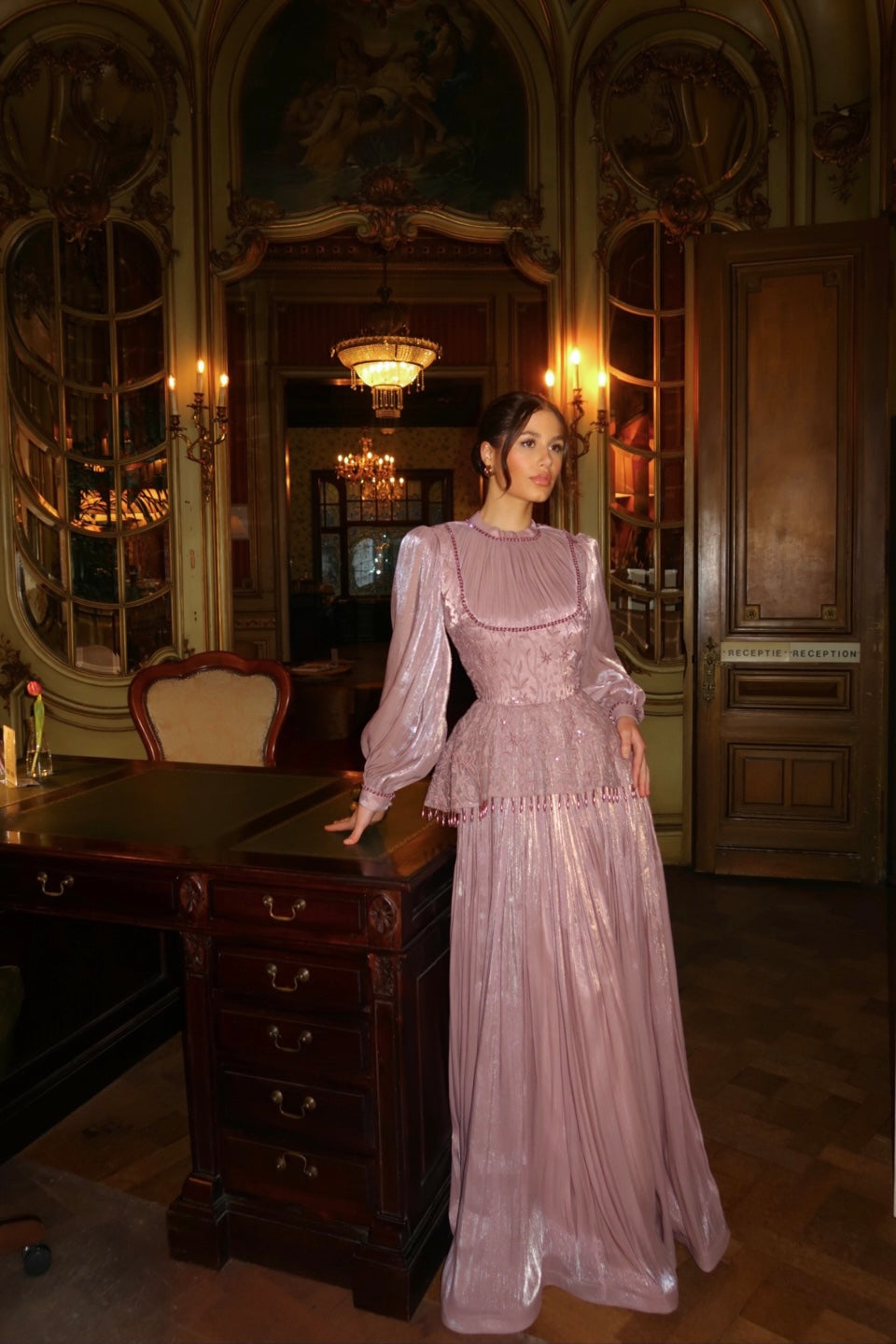 Dusty Rose Long Sleeves A-Line Floor Length Evening Dress