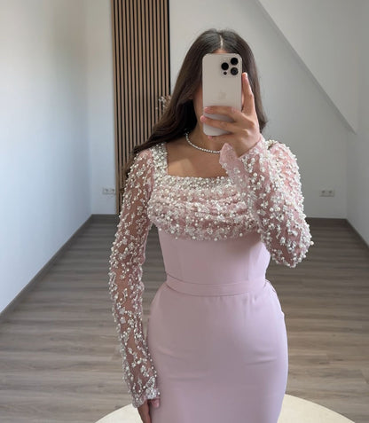 A-Line Long Sleeves Empire-Waist Slit Appliques Evening Dress